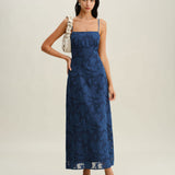 Tamno plava Jacquard Slip bez leđa Maxi haljina