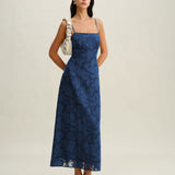 Tamno plava Jacquard Slip bez leđa Maxi haljina