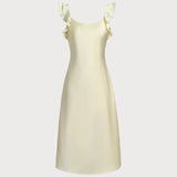 ŽYellow Square Neck Ruffle Satin Midi Dress
