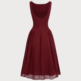 Vinska Crvena Chiffon Midi Haljina bez Rukava