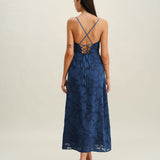 Tamno plava Jacquard Slip bez leđa Maxi haljina