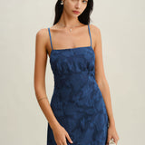 Tamno plava Jacquard Slip bez leđa Maxi haljina