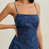 Tamno plava Jacquard Slip bez leđa Maxi haljina