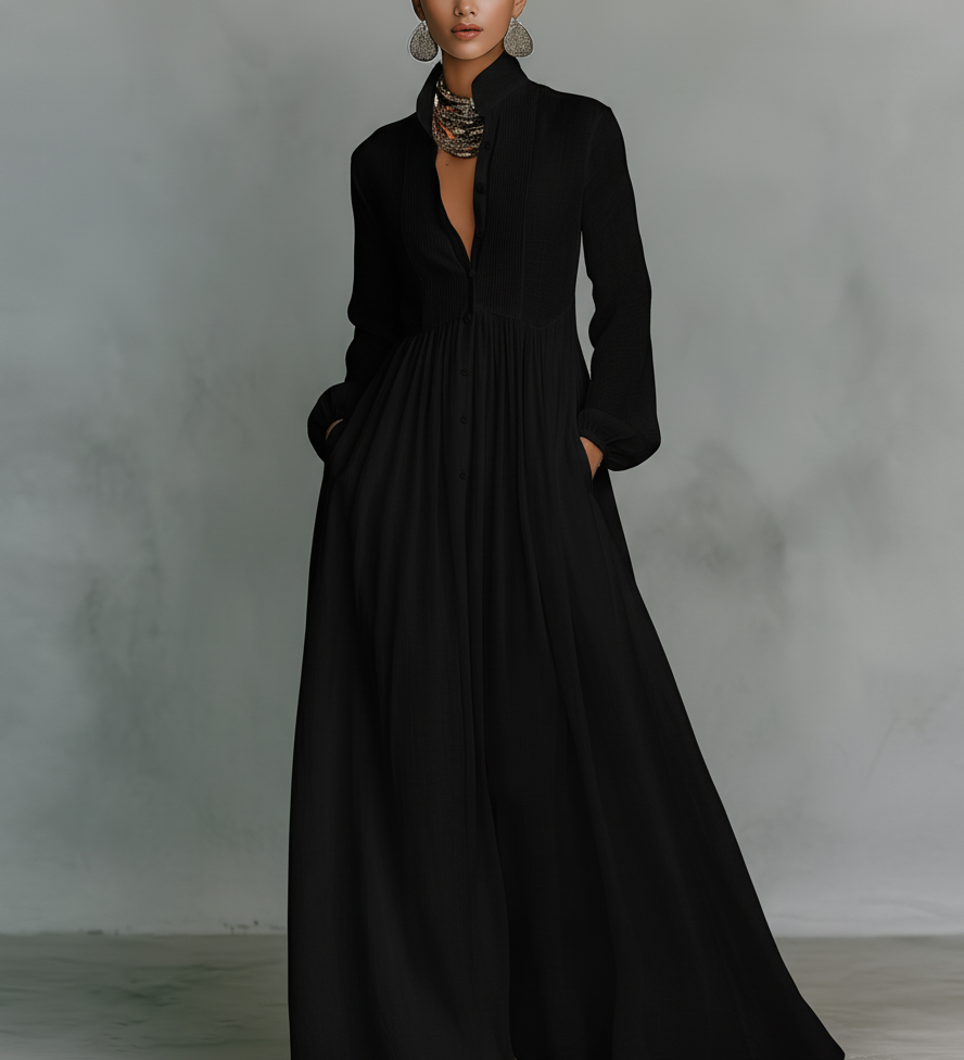 Patchwork Leinen Maxi Haljina sa Stehkragnom
