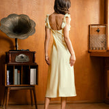 ŽYellow Square Neck Ruffle Satin Midi Dress