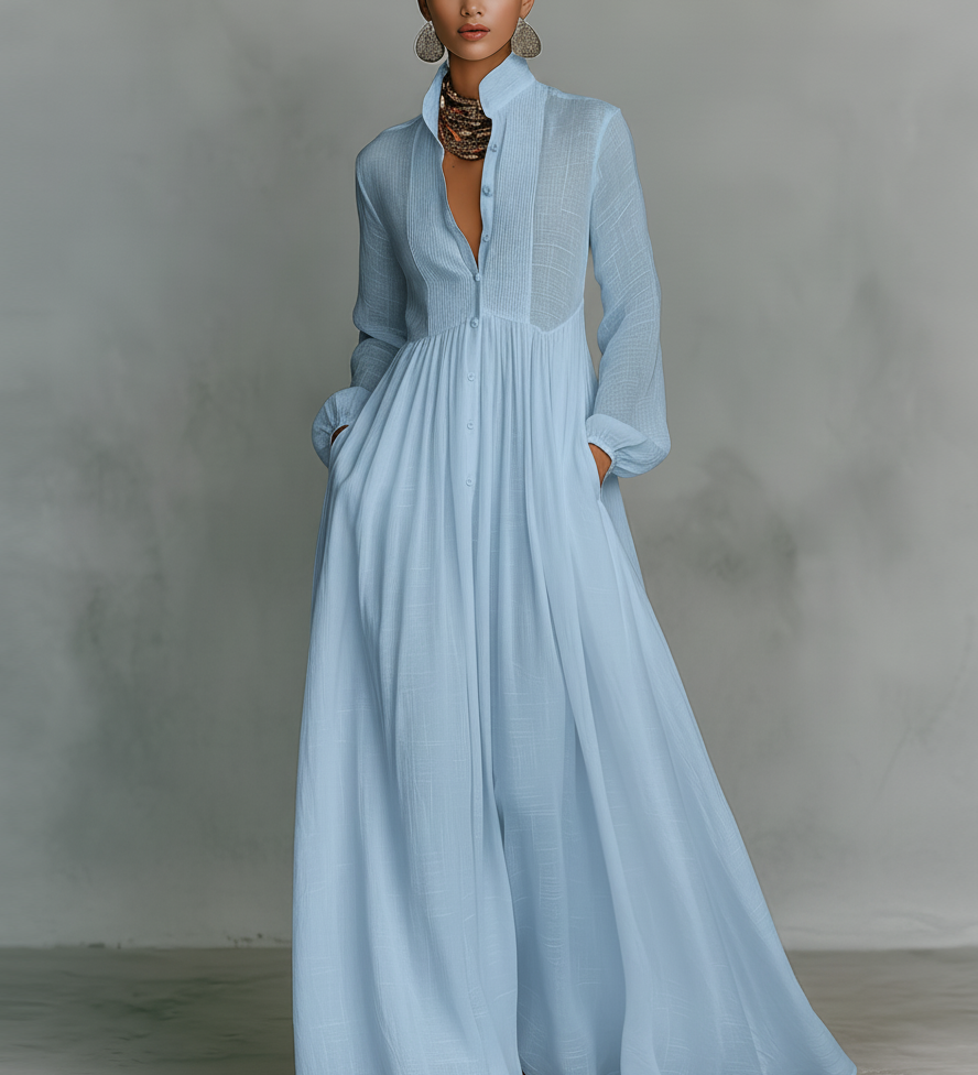 Patchwork Leinen Maxi Haljina sa Stehkragnom