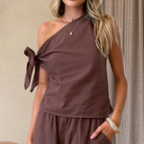 Zahavah Off Shoulder Top i Šorts Set - Čokolada