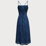 Tamno plava Jacquard Slip bez leđa Maxi haljina