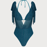Plavi Halter Bikini Set sa Šljokicama
