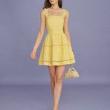 ŽYellow Square Neck Shirred Mini Dress