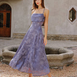 Plava Jacquard Slip Maxi Haljina