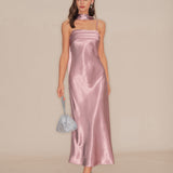 Roze Slip Sirena Saten Maxi Haljina