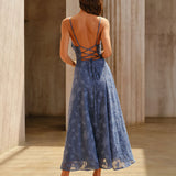 Plava Jacquard Ručna Slip Maxi Haljina