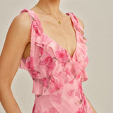 Roze Cvjetna Ruffles Slip Chiffon Maxi Haljina