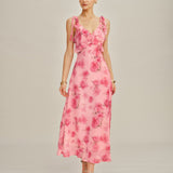 Roze Cvjetna Ruffles Slip Chiffon Maxi Haljina