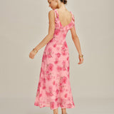 Roze Cvjetna Ruffles Slip Chiffon Maxi Haljina
