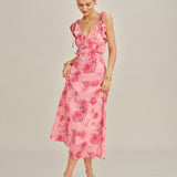 Roze Cvjetna Ruffles Slip Chiffon Maxi Haljina