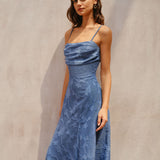 Plava Jacquard Raskošna Slip Maxi Haljina