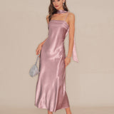 Roze Slip Sirena Saten Maxi Haljina