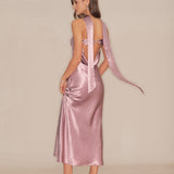Roze Slip Sirena Saten Maxi Haljina