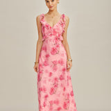 Roze Cvjetna Ruffles Slip Chiffon Maxi Haljina