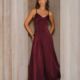 Vinska Crvena Satin A-Line Slip Maxi Haljina