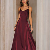 Vinska Crvena Satin A-Line Slip Maxi Haljina