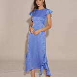 Plava Haljina Midi sa Ruffles i Brokatom