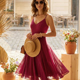 Crvena Chiffon A-Linija Midi Haljina