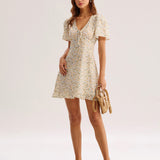 ŽYellow Floral V-Neck Mini Dress