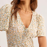 ŽYellow Floral V-Neck Mini Dress