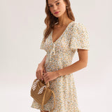 ŽYellow Floral V-Neck Mini Dress
