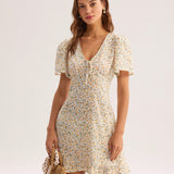 ŽYellow Floral V-Neck Mini Dress