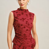 Crveni Mock Neck Cvjetni Top