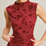 Crveni Mock Neck Cvjetni Top